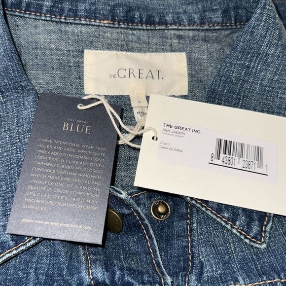 The Great. THE BUCK JACKET BLUE GRASS Size 3/ Large Blue Denim - Picture 13 of 14